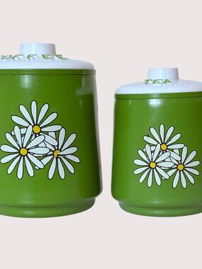 Vintage Green Daisy Coffee & Tea Canister Set With White Lids Retro Kitchen Deco